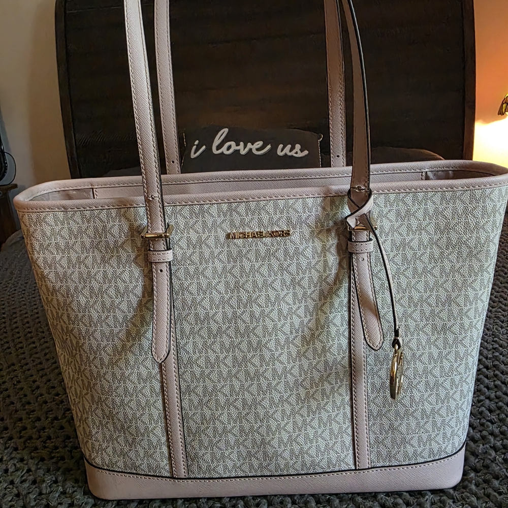 Michael Kors Pink and White Tote Bag with Signature Style